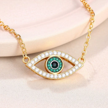 18 Karat Gold Plated Brass Zircon Evil Eye Necklace (Green and Clear Zirconia Stones)