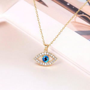 18 Karat Gold Plated Brass Zircon Evil Eye Necklace (Blue Stone and Clear Zirconia Stones)